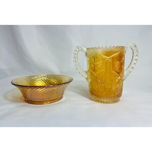 Yellow Carnival Glass Spooner Celery Vase Star & File, Bowl Antique Imperial